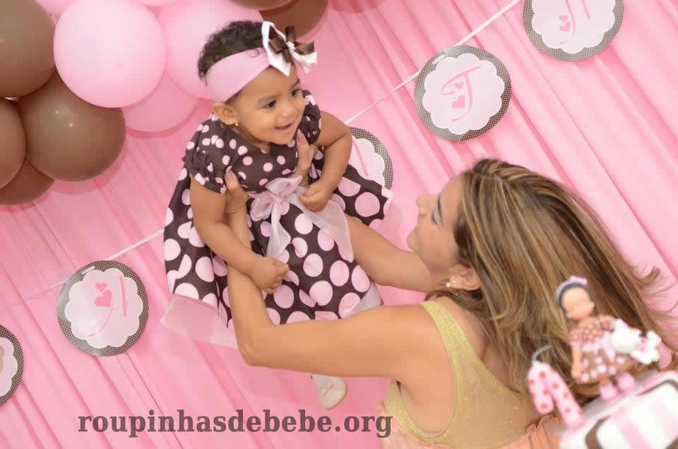 moda bebe festa rosa e marrom 1 ano Vestido infantil Marrom e Rosa