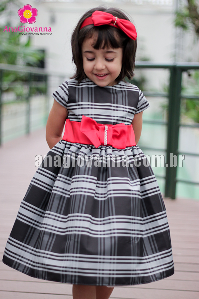 Vestido infantil xadrez cinza e preto